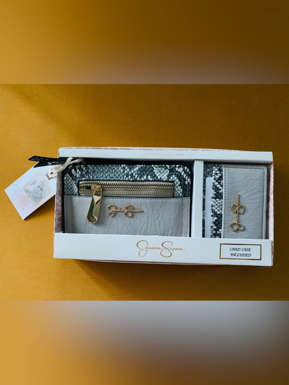 Jessica Simpson Gray Wallet & Snake-Trim Card Case Set with Gold Hardware